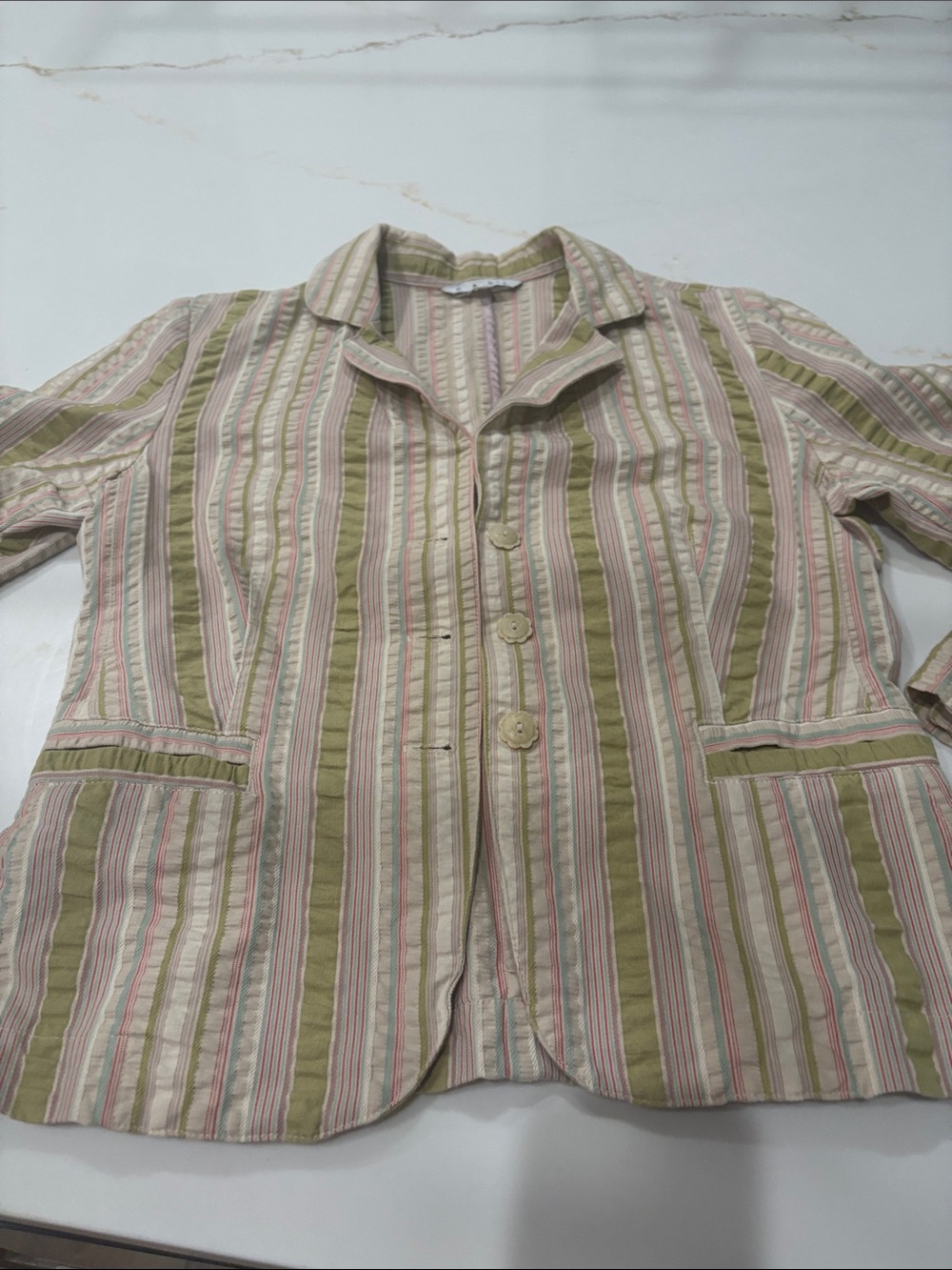 CABI Seer sucker Striped Cotton Button-Up Jacket in Olive, Pink & Cream size 8